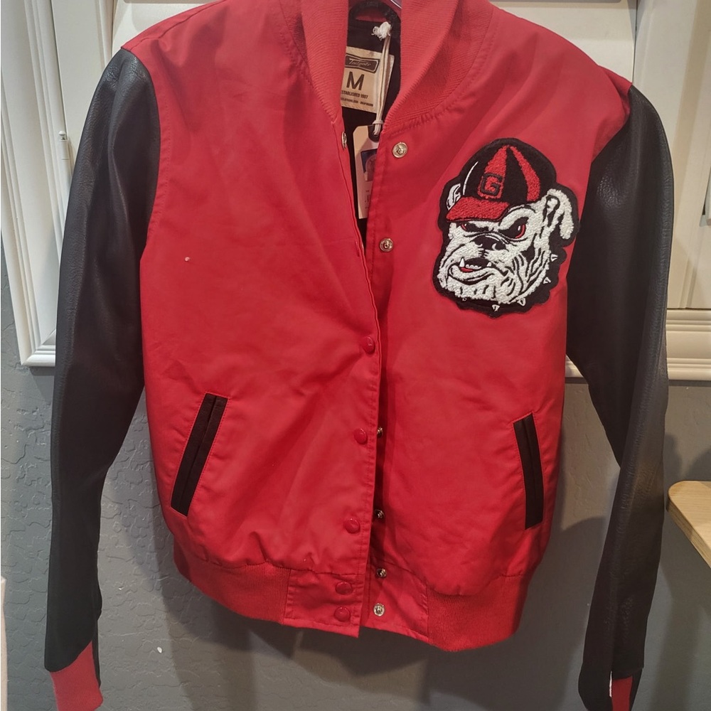 Red and Black Varsity Jacket with Bulldog Patch